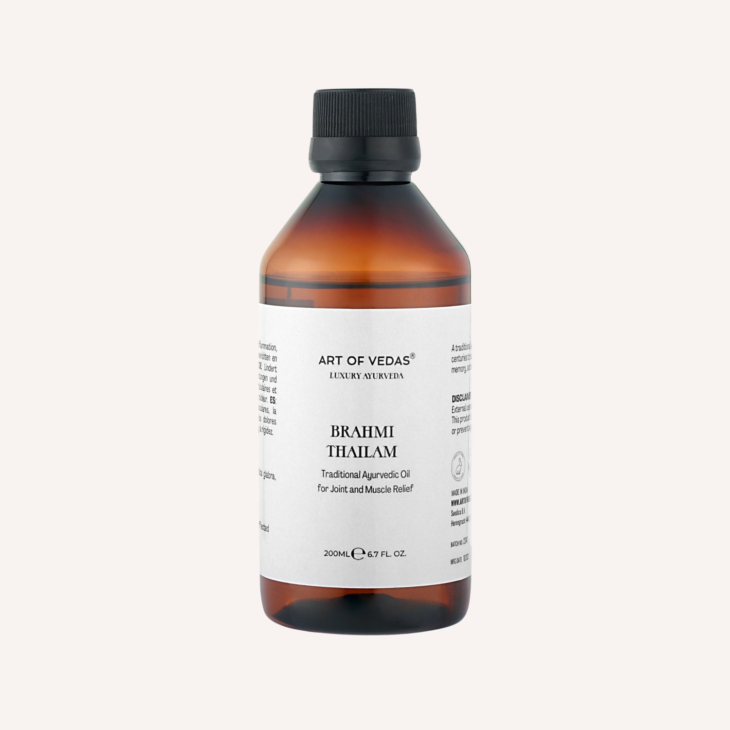 Brahmi Thailam, an Ayurvedic medicated oil, highlighted against a serene background to emphasize its calming properties. The oil, renowned for balancing Pitta dosha, contains key ingredients like Brahmi, Amalaki, and Yashti.  