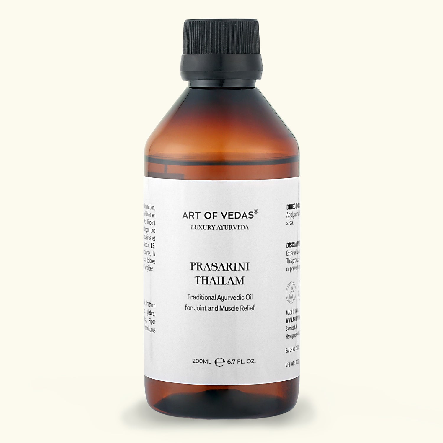 The image features a bottle of Prasarani Thailam, set against a clean, neutral background that highlights its therapeutic nature. The label is clearly visible, showcasing the product name and key ingredients, emphasizing its use in relieving joint and muscle pain. The overall presentation is professional and informative, aimed at attracting individuals seeking natural Ayurvedic remedies for pain relief and improved mobility.