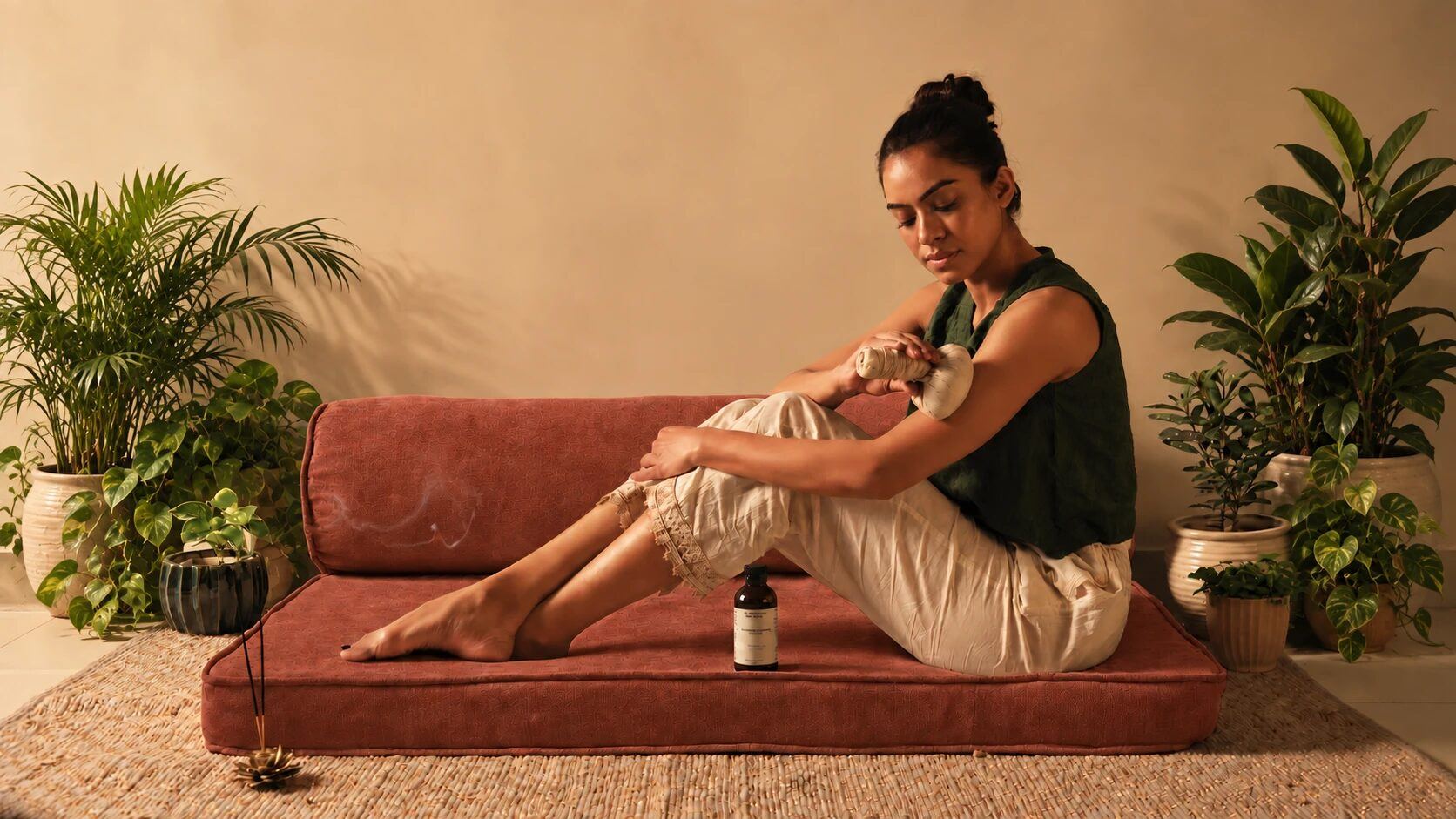 Woman on a floor cushion among plants using a herbal poultice beside a bottle of Ayurvedic oil, for Art of Vedas